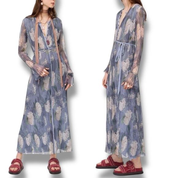 Zara Collection Women S Floral Kimono Maxi Dress Muted Pleated Sheer Beach Rare - Picture 12 of 14